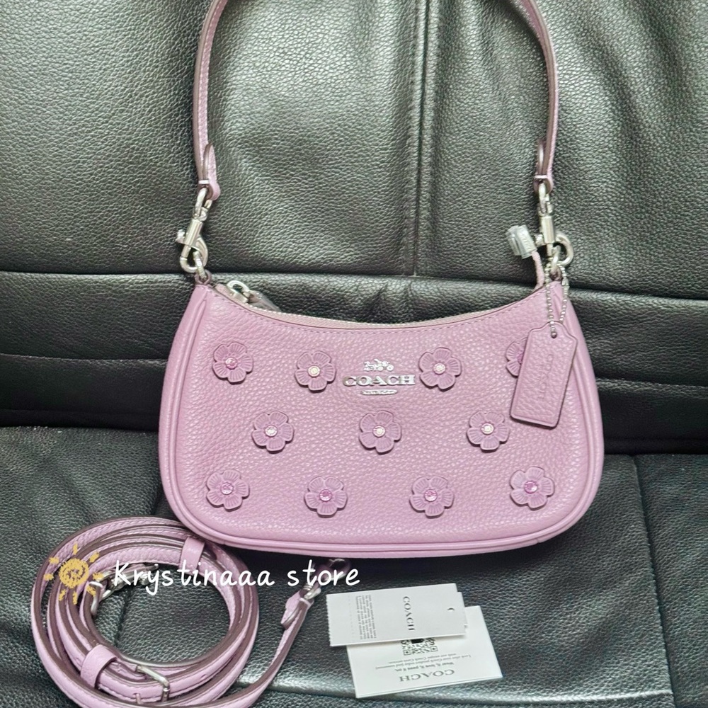 NWT Coach Teri Mini Crossbody Bag With Floral Applique CAJ98 Silver/Lilac